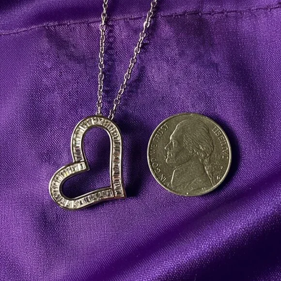 Open Heart Simulated Baguette Moissanite Silver Pendant Necklace NWOT - Picture 4 of 9